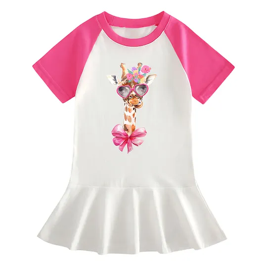 【18M-9Y】Giraffe With Heart Sunglasses Ruffle Dress For Girls
