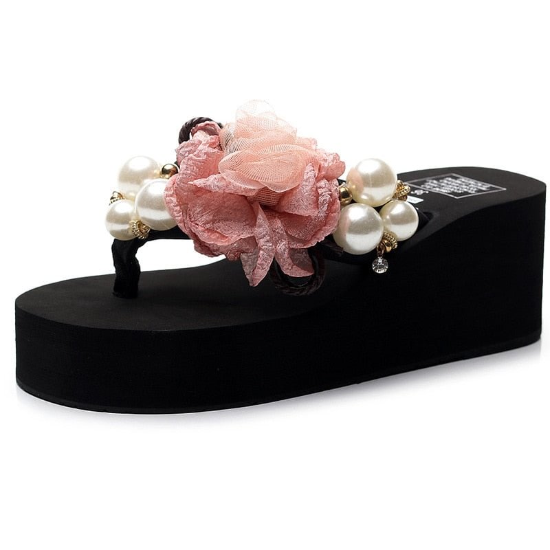 6cm High Heel Women's Summer Pearl Korean Slope with Flip-flops Women's Platform Sandals Vacation Travel Sandals Womans Shoes
