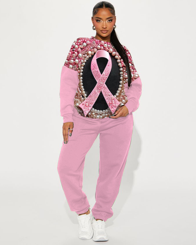 Breast Cancer Awareness Pearl Print Sweatshirt Two Pieces Set