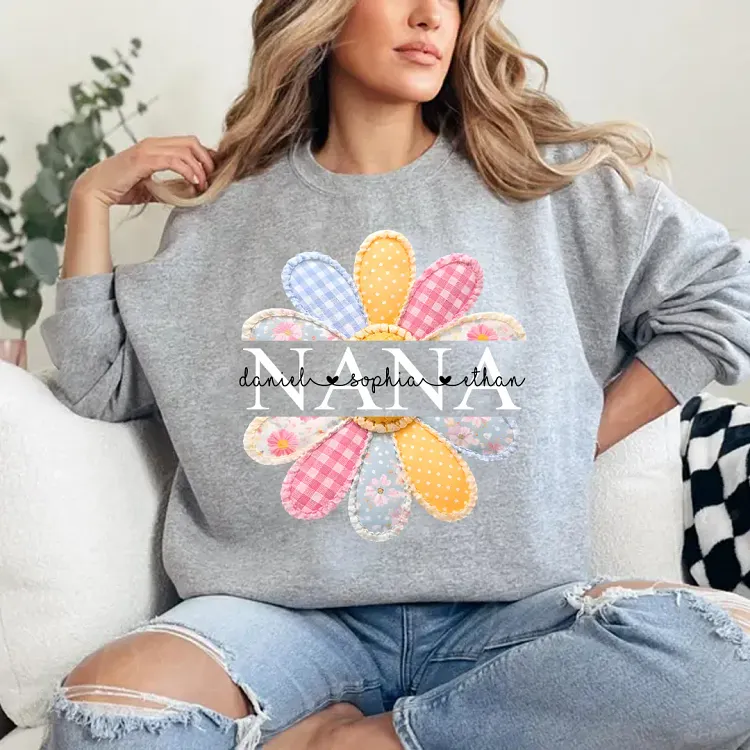 Custom Patchwork Mimi Sweatshirt with Grandkids Names, Personalized Floral Grandma Shirt, Sweet Nana Gift from Kids and Grandchildren