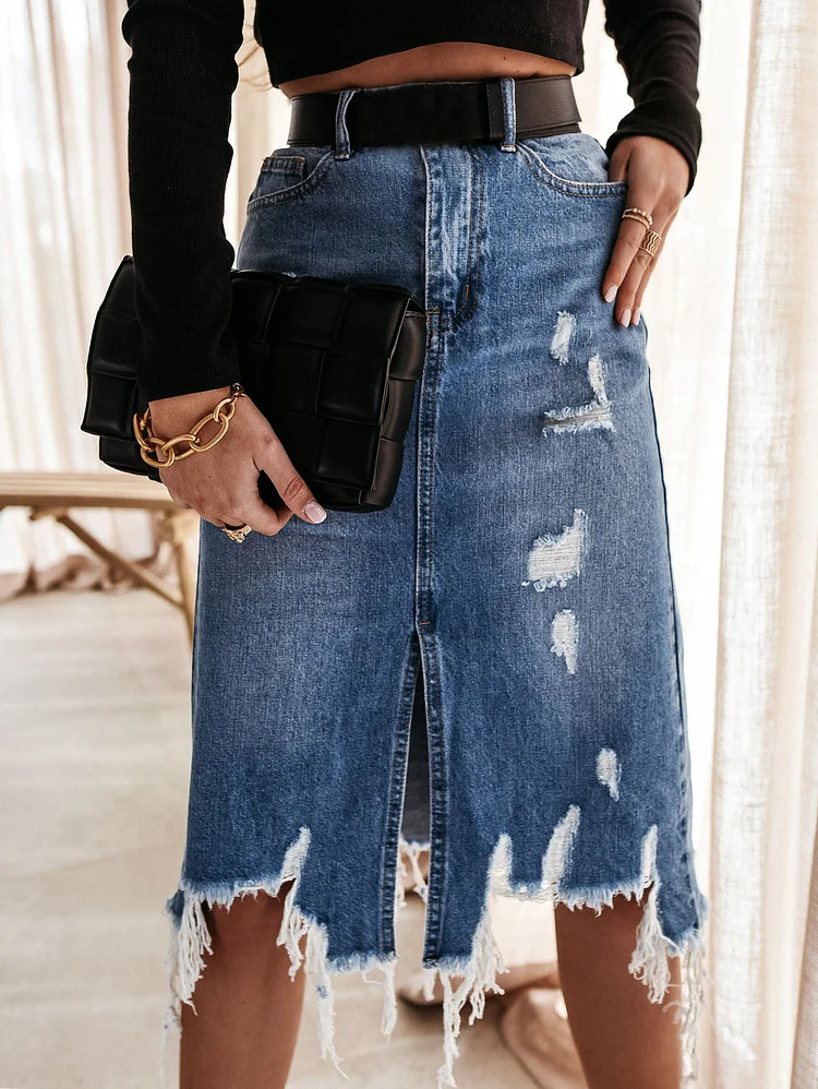 UR Fashion Ripped Fringed Irregular Hem Denim Skirt