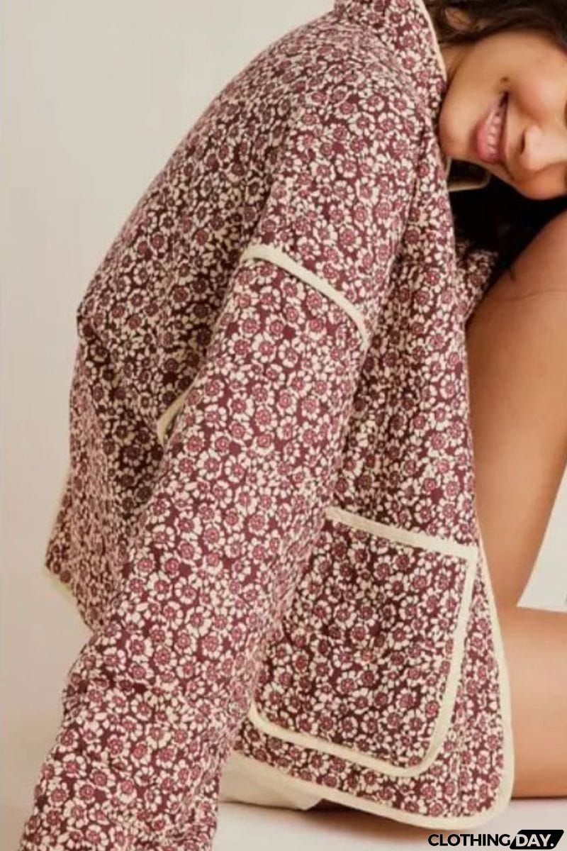 Casual College Floral Pocket Contrast Outerwear