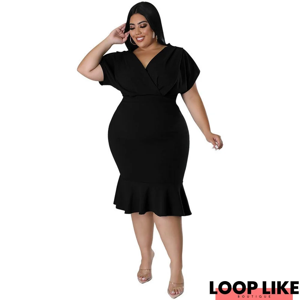 Fashion Plus Size Women Summer V-neck Cartoon Solid Color Formal Dress