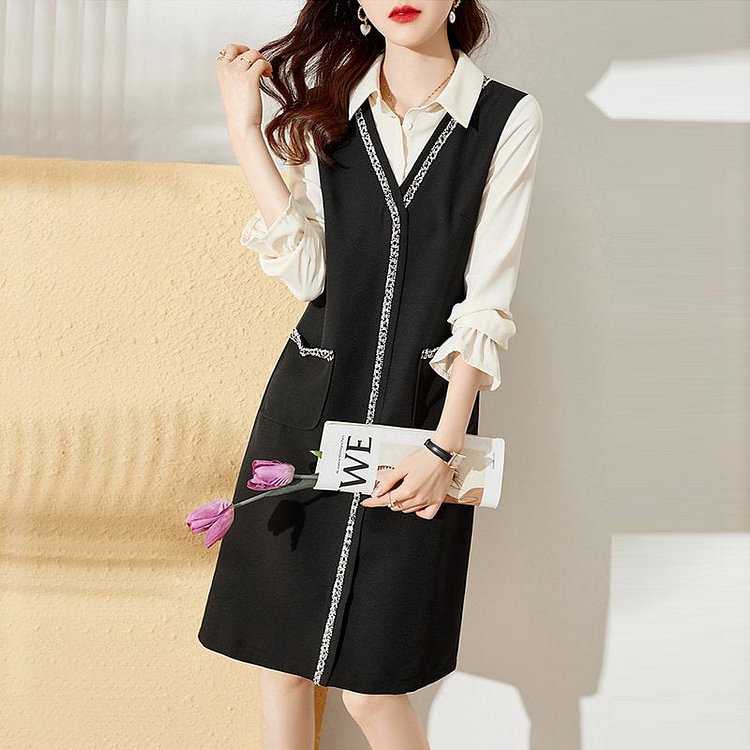 Black Paneled Long Sleeve Dresses