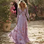 Vintage Boho Roses Embroidered Flowy Linen Maxi Dress - Image 5