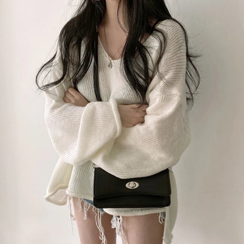 Autumn Winter Women Solid Casual Loose Warm Sweater V-Neck For Women Long Sleeve Split Irregular Jumpers Knit Pullovers Aiertu