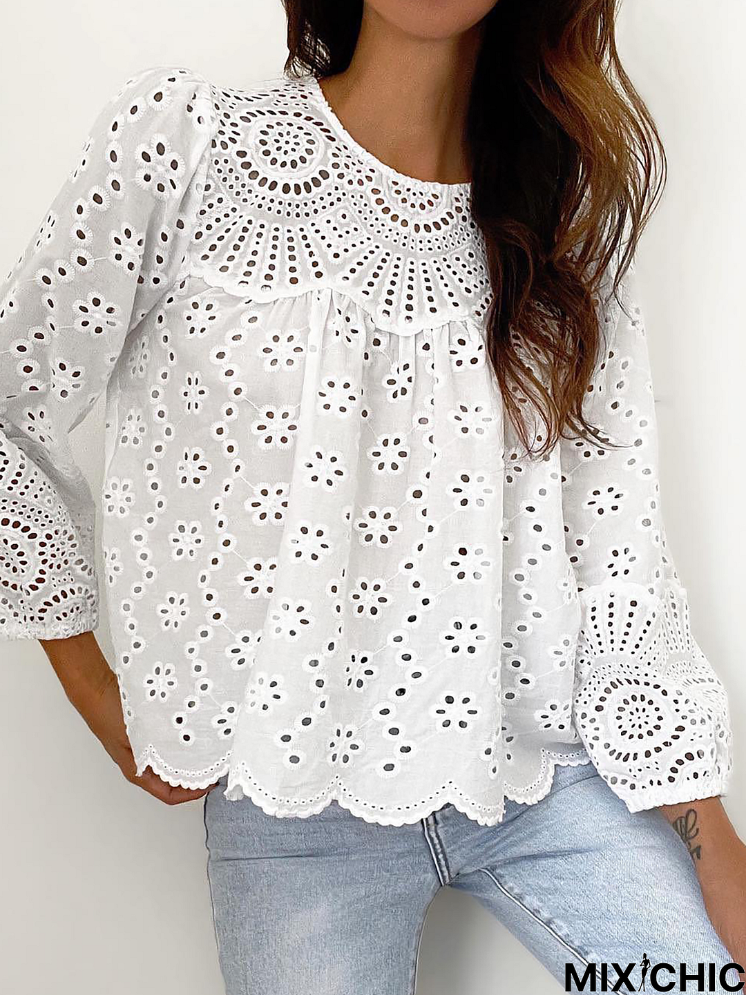 Crew Neck Casual Eyelet Top