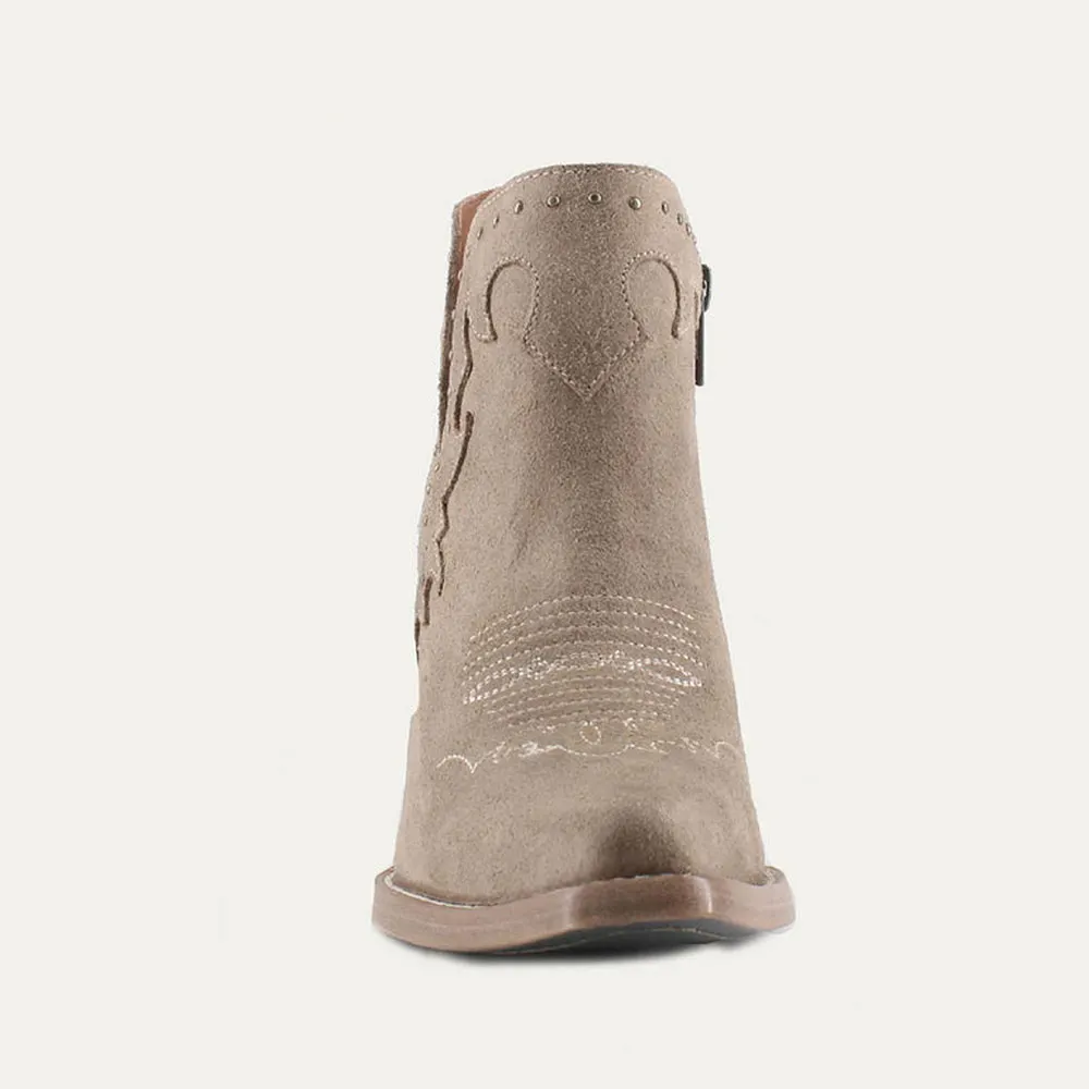 Taupe Studded Chunky Heel V-Cut Zipper Cowgirl Boots for Women