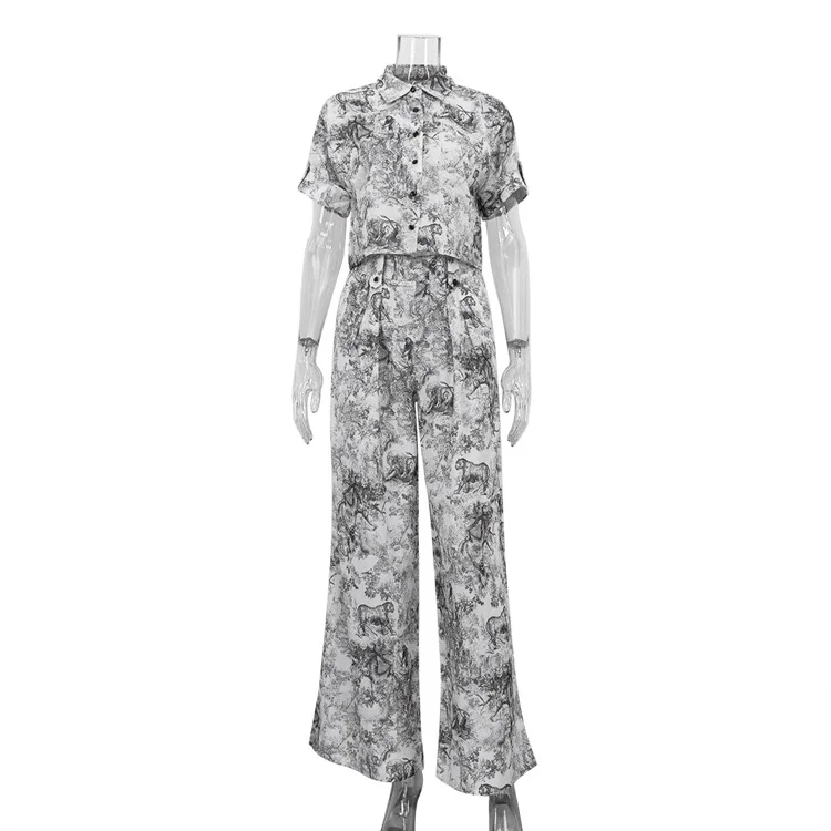 Ink Painting Printing Lapel Short Shirt High Waist Wide Leg Pants Two-piece Set