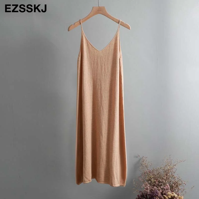 Ezsskj Spring summer 2020 Woman Knitted Tank Dress Casual Long Camisole Vest dress Women Loose  cashmere maix a-line dress