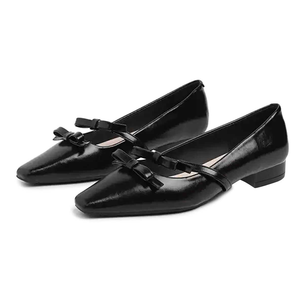 Black Two Bows Strap Square Toe Low Heel Mary Jane Shoes for Women Nicepairs