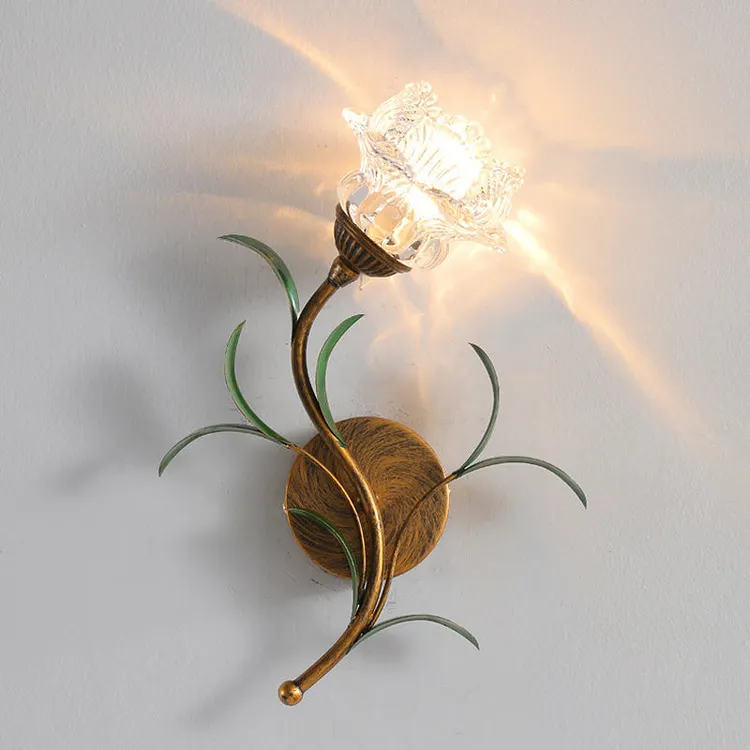 Modern Art Deco Flower Leaf Crystal Glass Iron 1/2 Light Wall Sconce Lamp For Bedroom