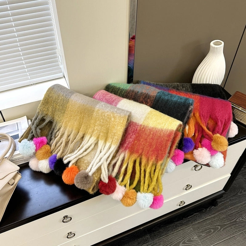 New Rainbow Stitching Dyed Plaid Scarf Women’s Winter Atmosphere Long Style Thickened Tassel Scarf