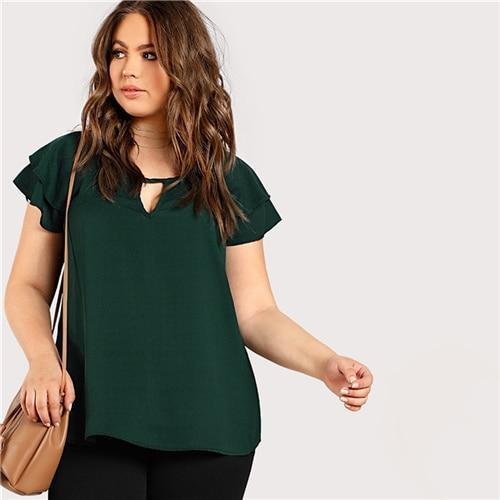 Green Plus Size Keyhole Neck Loose Top Long Blouse with Butterfly Sleeve