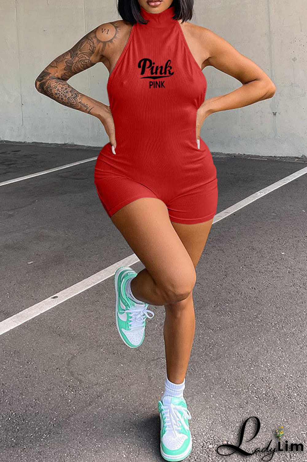 Red Sexy Print Patchwork Halter Skinny Jumpsuits