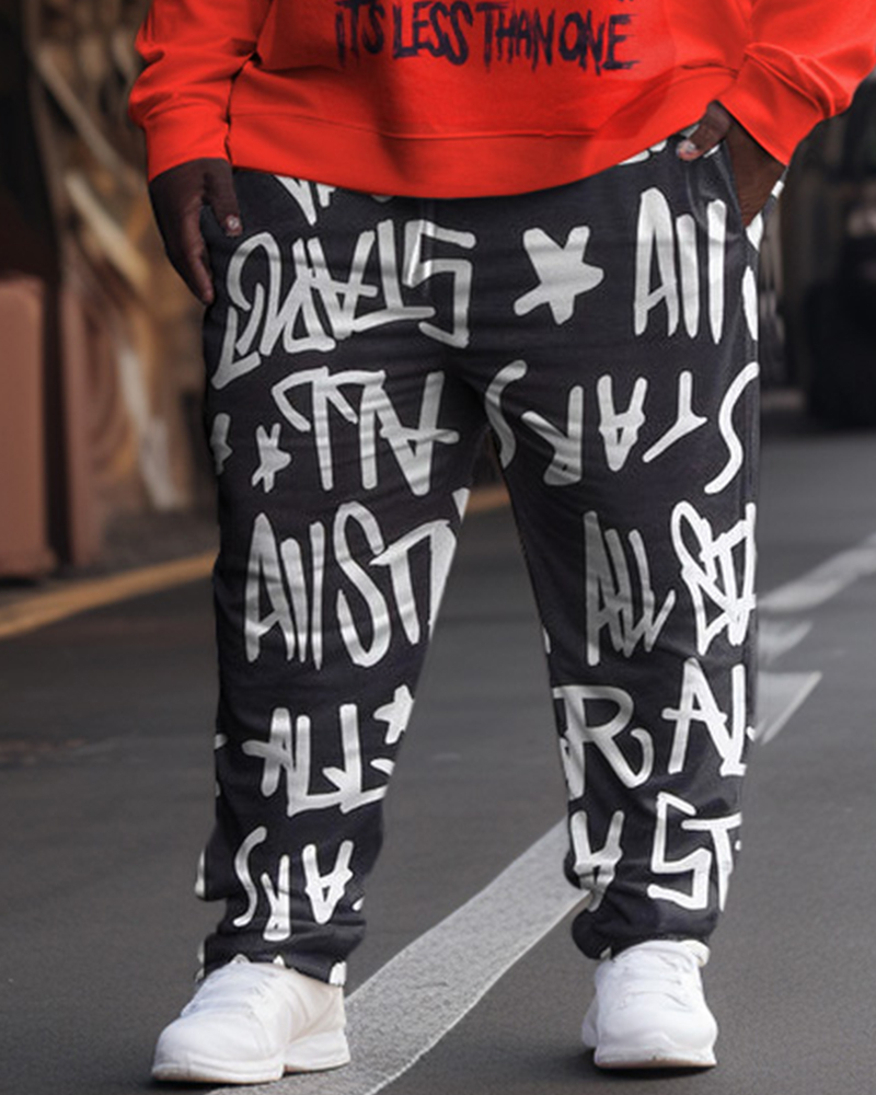 Men's Plus Size Casual Retro Letter Color Block Two-Piece Sweatshirt