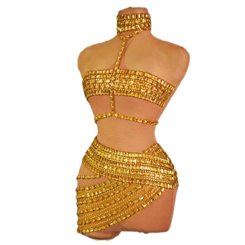 GOOSHOE Gold Rhinestones Short Dress Women Prom Gown Lady Cocktail Dresss Fangtang