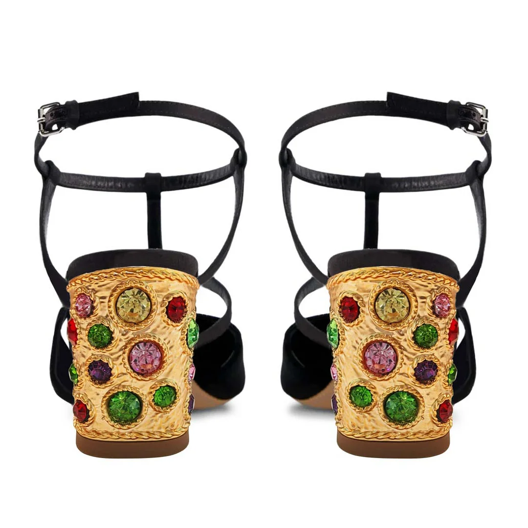 Black Pointed Toe Decorative Heel Rhinestone Ankle Strap Pumps Shoes