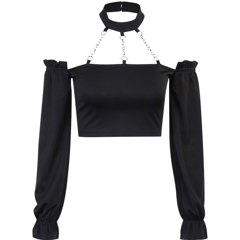 InsGoth Harajuku Streetwear Bodycon Off Shoulder Long Sleeve Tops Gothic Black Crop Tops Streetwear Punk Chain Matal Patchwork