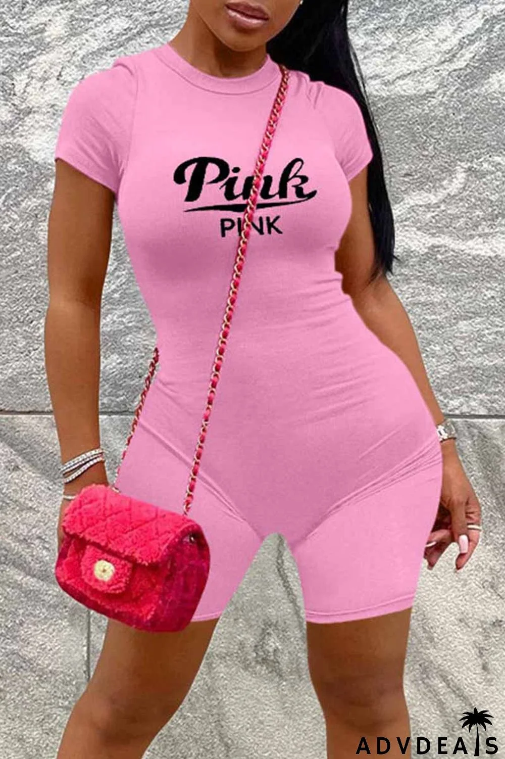 Pink Street Print Letter O Neck Rompers