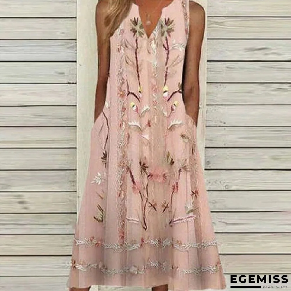 Floral Print V-neck Pullover Short Sleeve Pocket Long Dress | EGEMISS