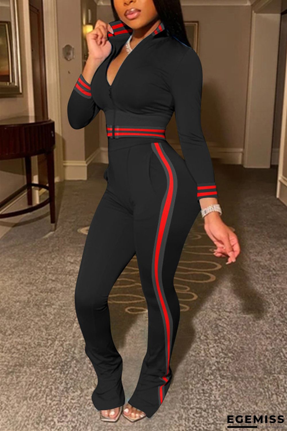 Black Fashion Casual Long Sleeve Turndown Collar Regular Sleeve Short Patchwork Two Pieces | EGEMISS