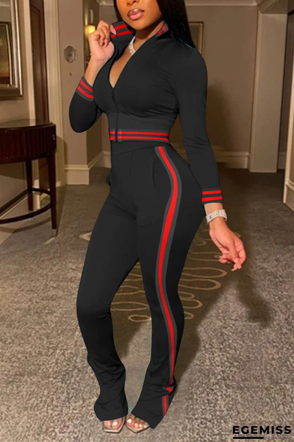 Black Fashion Casual Long Sleeve Turndown Collar Regular Sleeve Short Patchwork Two Pieces | EGEMISS