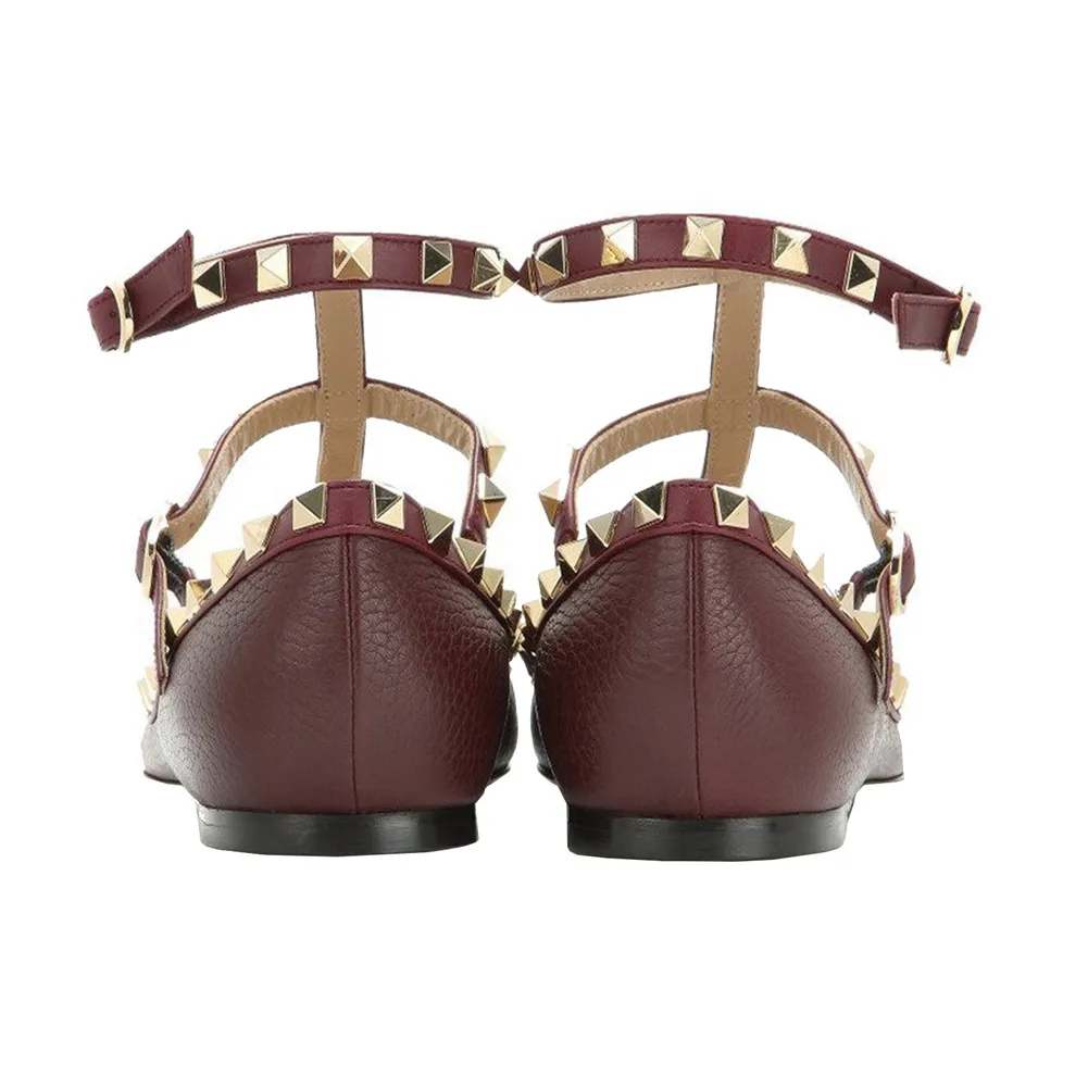 Women's Flats Rivets Rockstud Daily Pointed Toe Ballet Wine Lichee Pattern Shoes-vocosishoes