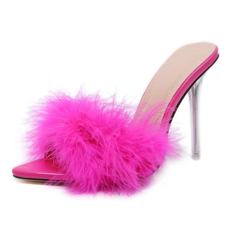 Comemore Sandals Elegant Woman Sneakers Slippers Transparent High Heels Fur Stiletto Pink Mules Evening Party Women Shoes 2022