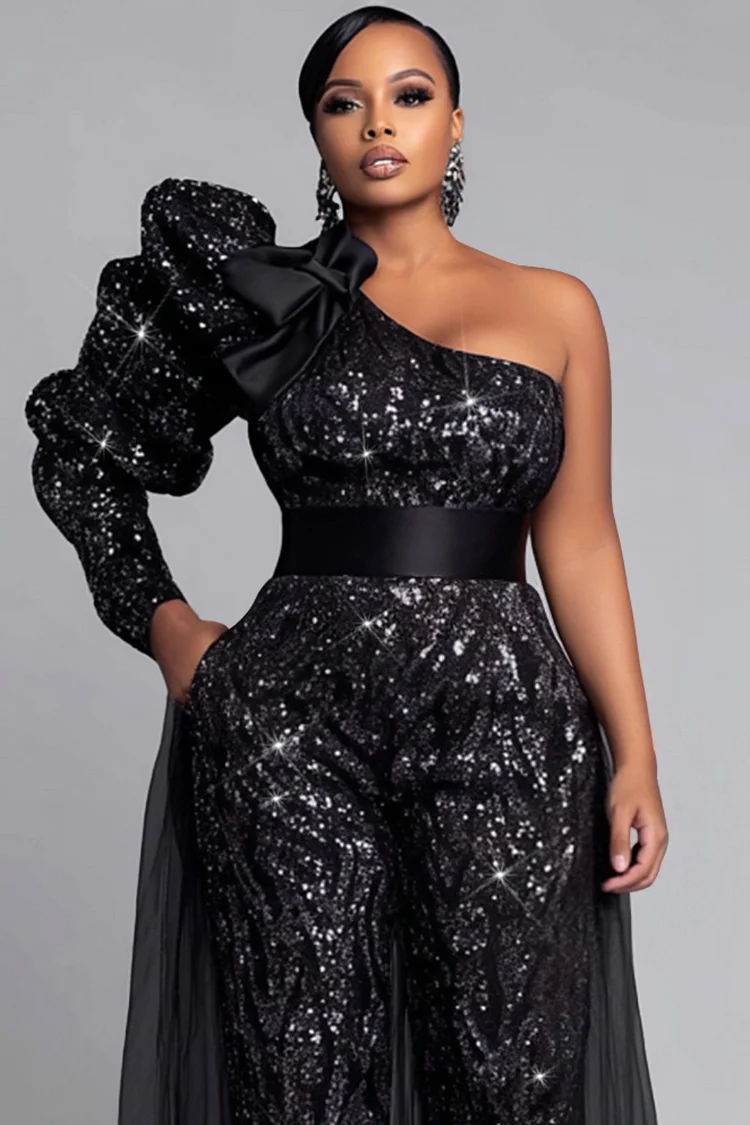 Xpluswear Design Plus Size Formal Black One Shoulder Long Sleeve Peplum Elegant Pocket Sequin Jumpsuits [Pre-Order]