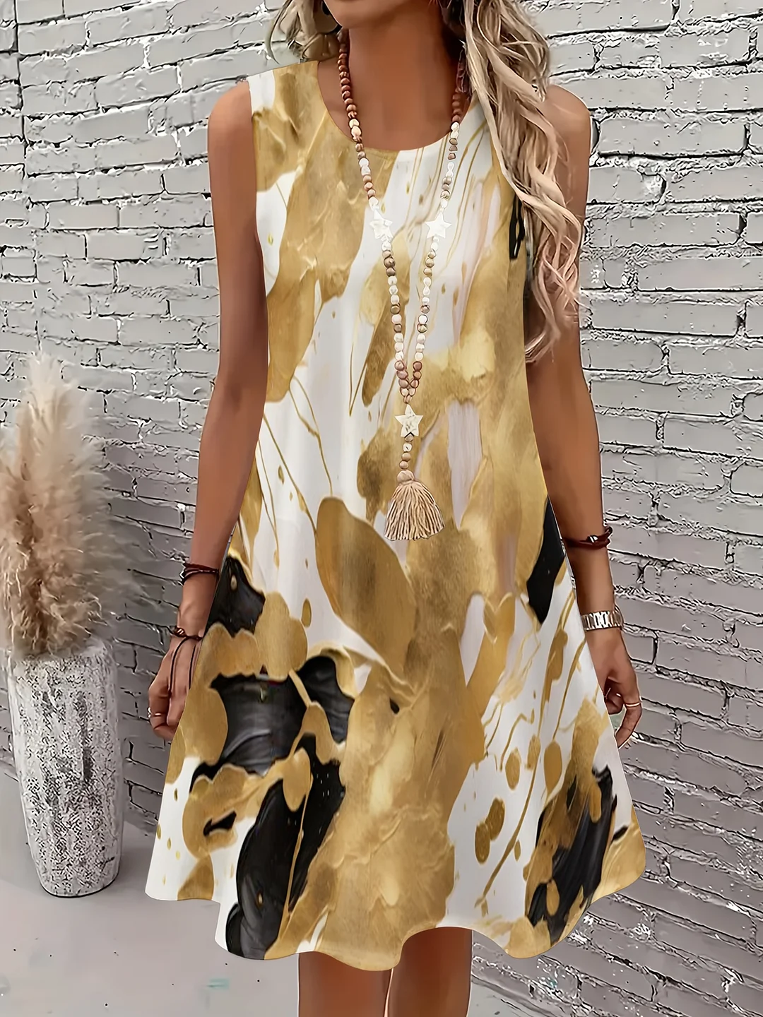 Women's Sleeveless Summer Dress - Golden & Black Ink Abstract Print, Geometric Design, Flared Hem, Round Neck, Mid-Length, Casual Style For Casual Attire, Summer Dresse | IFYHOME