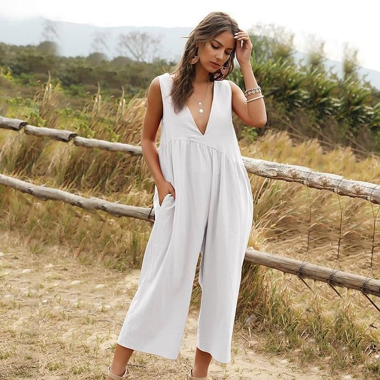 Spring Summer Fashion Jumpsuits Women Ankle-length Pants Loose Casual Solid Deep V Neck Jumpsuits New
