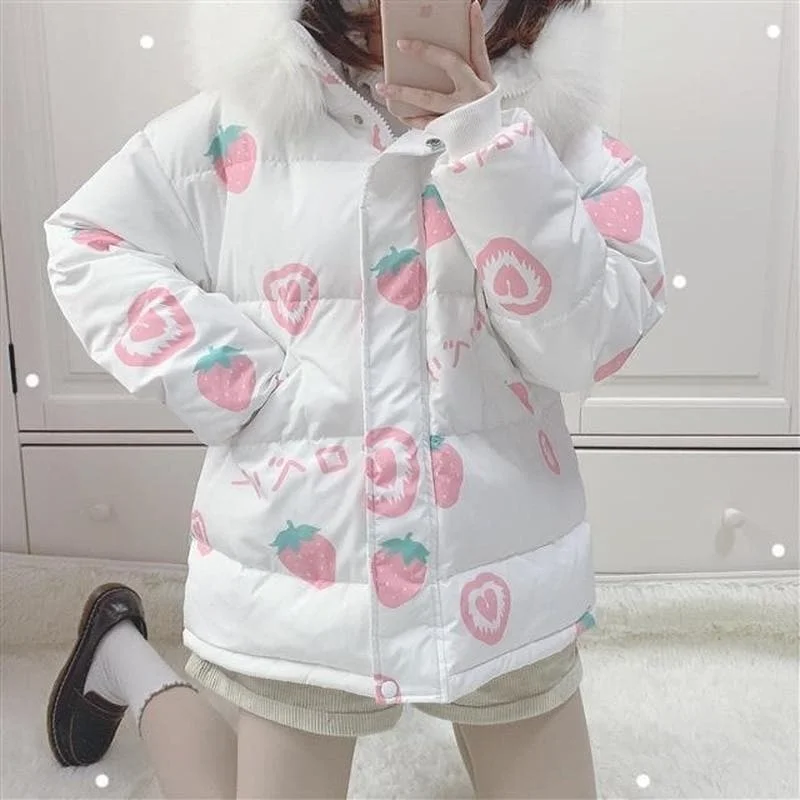 Pink Cartoon Thick Warm Strawberry Print Hooded Coat SP15378