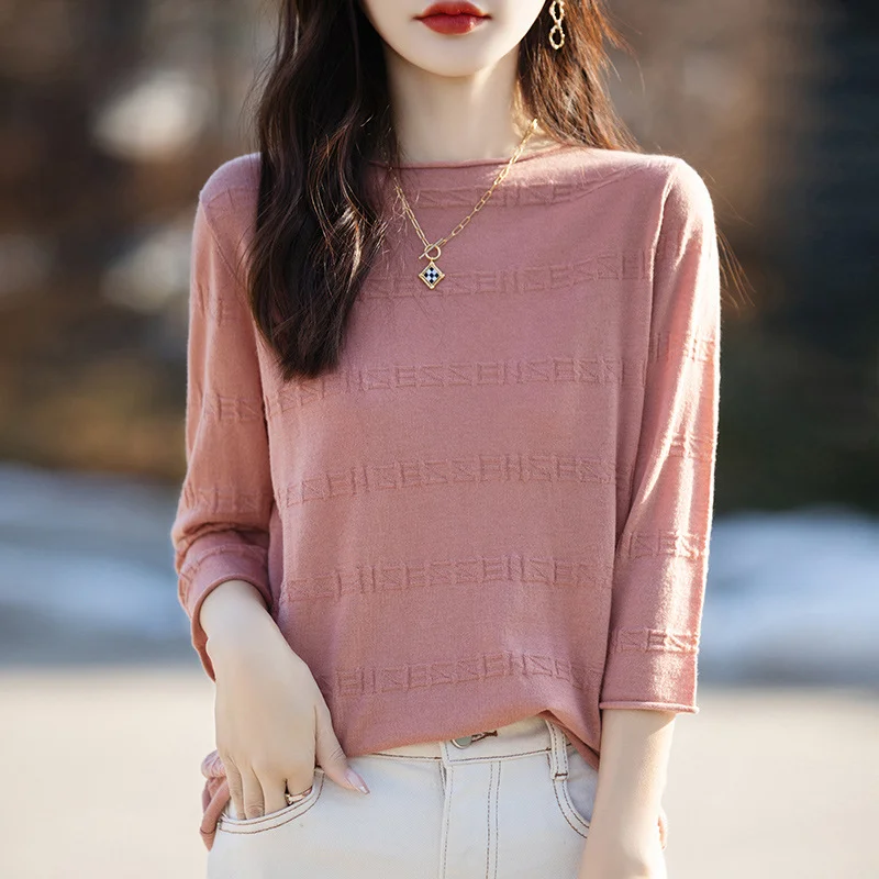 Churchf Churchf And Summer Thin Round Collar Jacquard Wool Knit T-Shirt Women's Seven Minute Sleeve Solid Color Bottom Sweater Middle Sleeve Cashmere Top