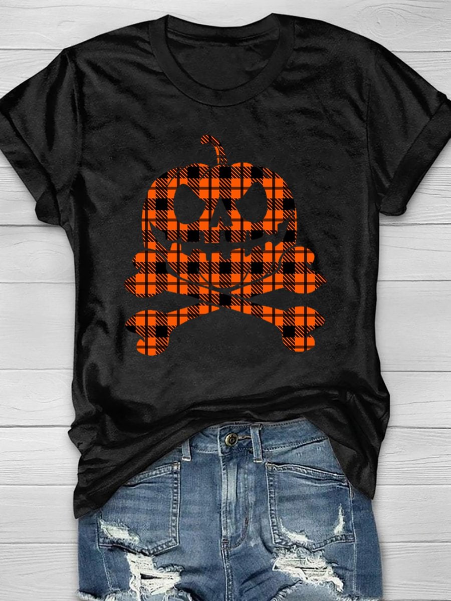 Pumpkin Skull Print Short Sleeve T-Shirt