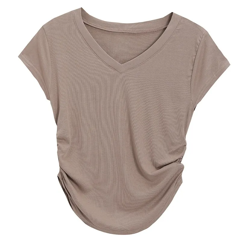 Brownm Brownm Desire Wind V-Neck Short-Sleeved T-Shirt Women's Wear 2024 Summer New Slim Show Thin Design Sense Students Pure Color Jacket Tide