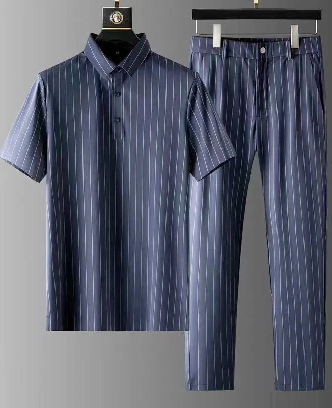 Casual Ice Silk Striped Polo Shirt & Pant 2Pcs Set 