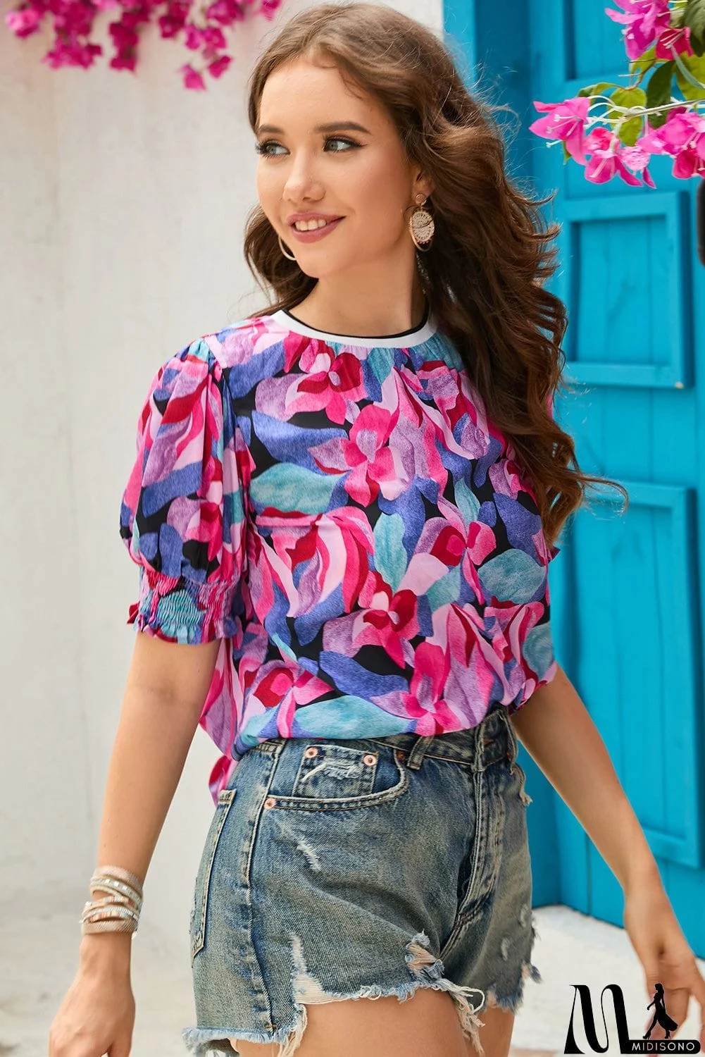 MidiSono - Floral Round Neck Puff Sleeve Top