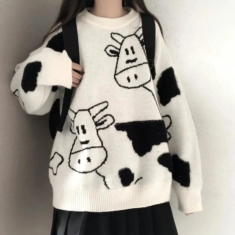 O Neck Casual Cow Sweater Women Harajuku Vintage Loose Sweater Pullover Women Japanese Girls' Kawaii Cute Ulzzang Clothing 17156