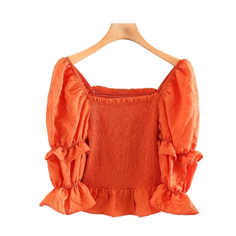 TRAF Women Sweet Fashion Stretch Slim Ruffled Cropped Blouses Vintage Square Collar Puff Sleeve Female Shirts Chic Tops