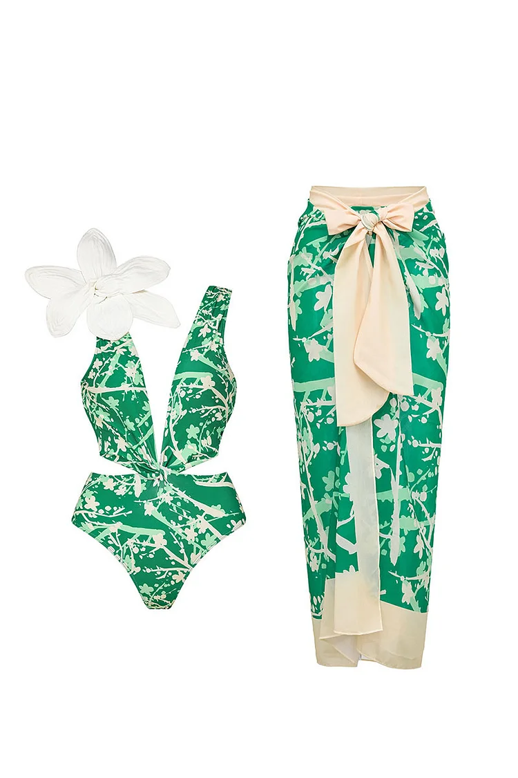 Straps Irregular Neck 3D Flower Cutout Swimsuit Bow Knotted Maxi Skirt Matching Sets