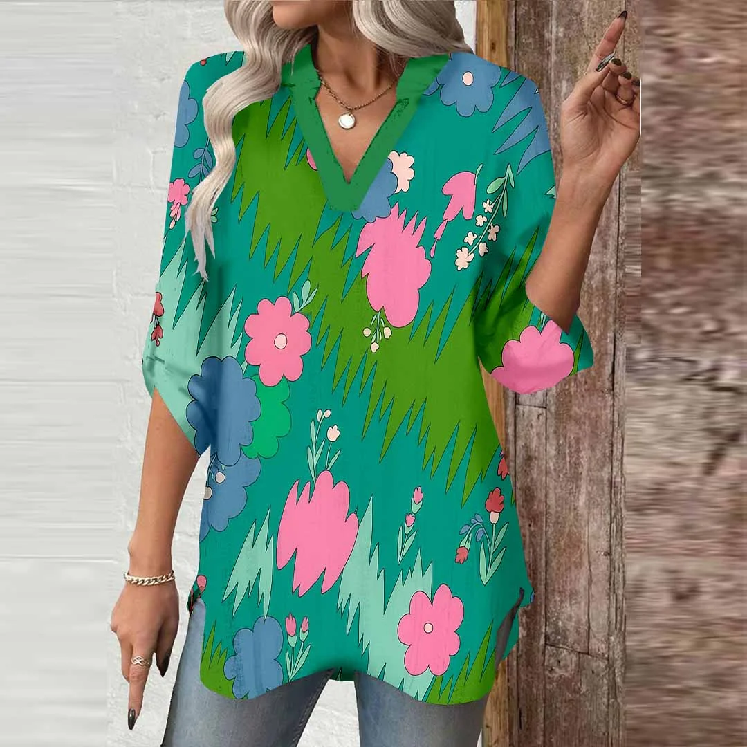 Women Painting, Green, Pink DZGA0499 3/4 Sleeve V-neck Printed Graphic Button Tops