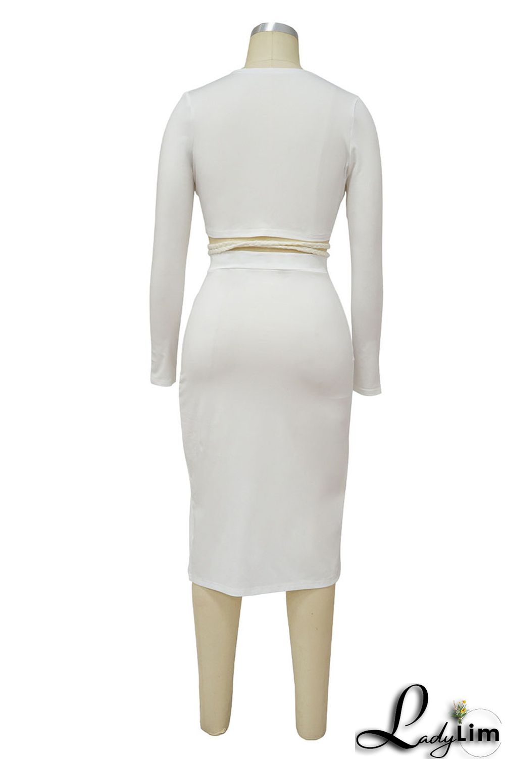 White Sexy Solid Bandage Patchwork Slit V Neck Long Sleeve Two Pieces