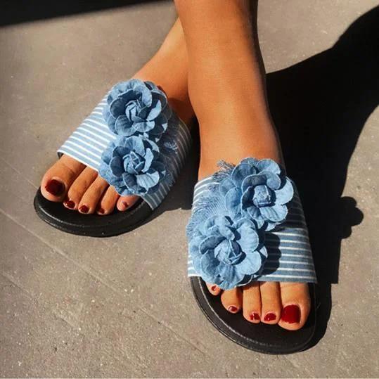 Women Summer Big Flowers Blue Striped Comfortable Slippers