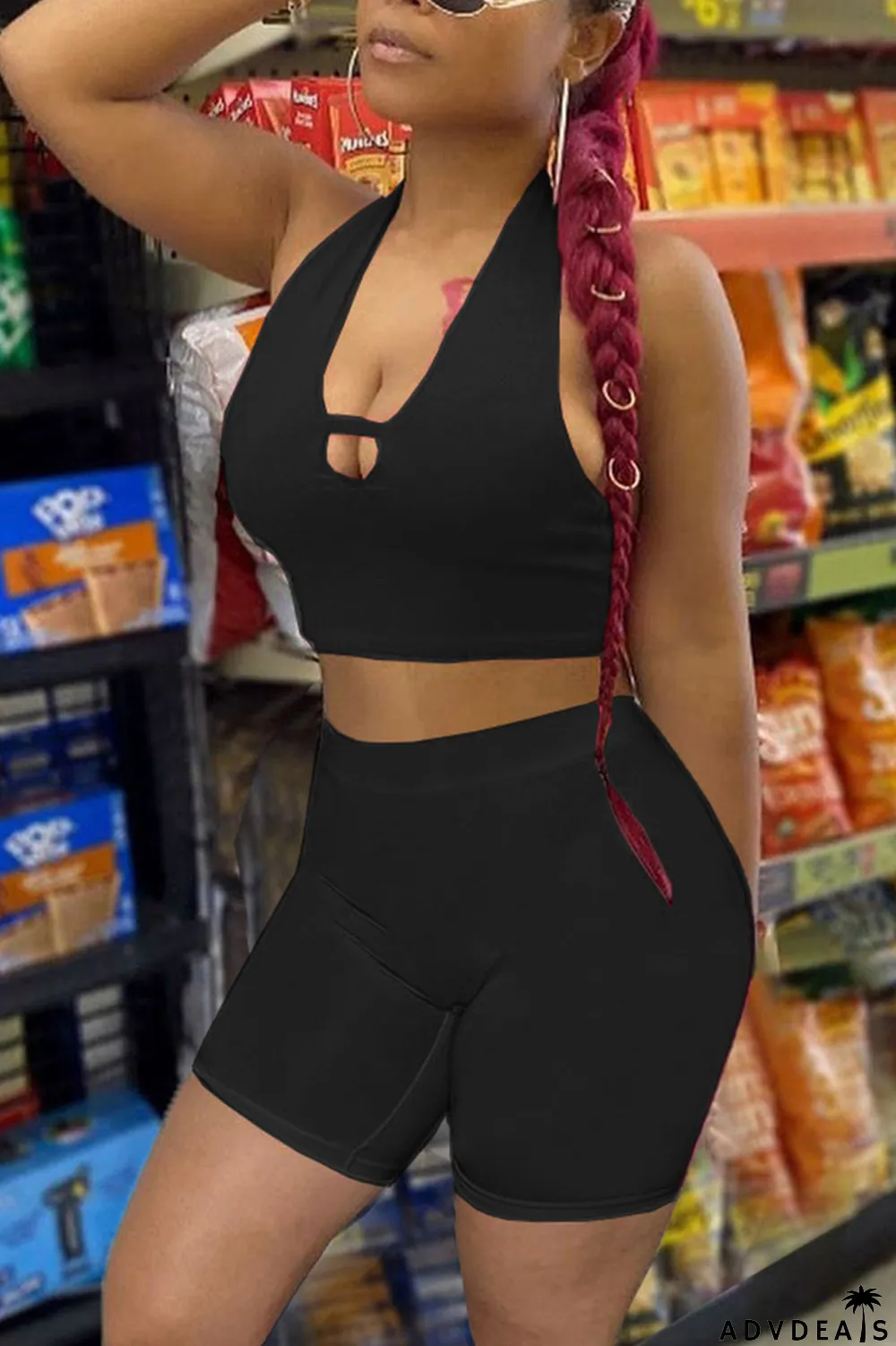 Black Sexy Solid Patchwork V Neck Sleeveless Two Pieces