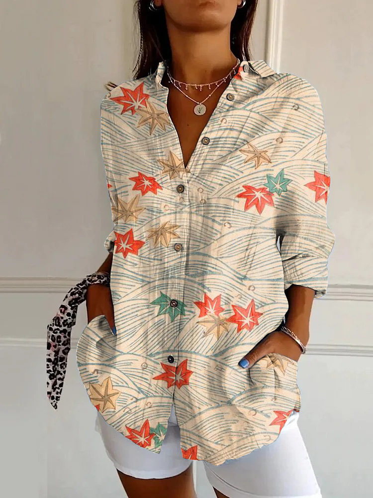 Classic Maple Leaf Print Casual Long Sleeve Shirt
