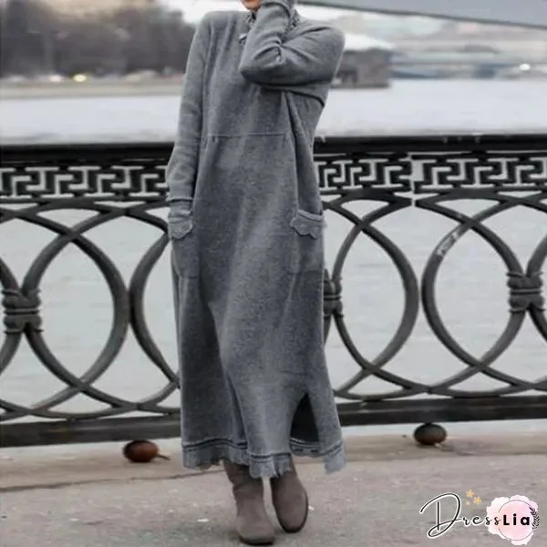 5 Color Autumn Winter New Women Fashion Casual Style Long Sleeve Knitted Sweater Dress Hooded Long Pullovers Tops Solid Color Knitted Dress Plus Size S-5XL