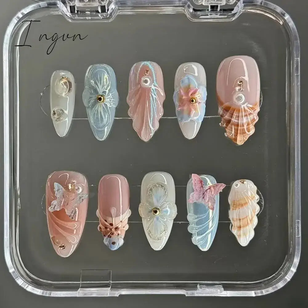 10Pcs Handmade Manicure Medium Almond Ballet Fake Nails Shell Limite Nails Press On Nails Design with Adhesive Nail File Set