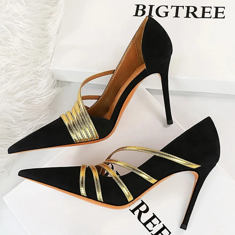 BIGTREE Shoes Sexy High Heels Suede Women Pumps Stiletto Party Shoes Women Heels Pointed Toe Hollow Women Sandals Plus Size 43