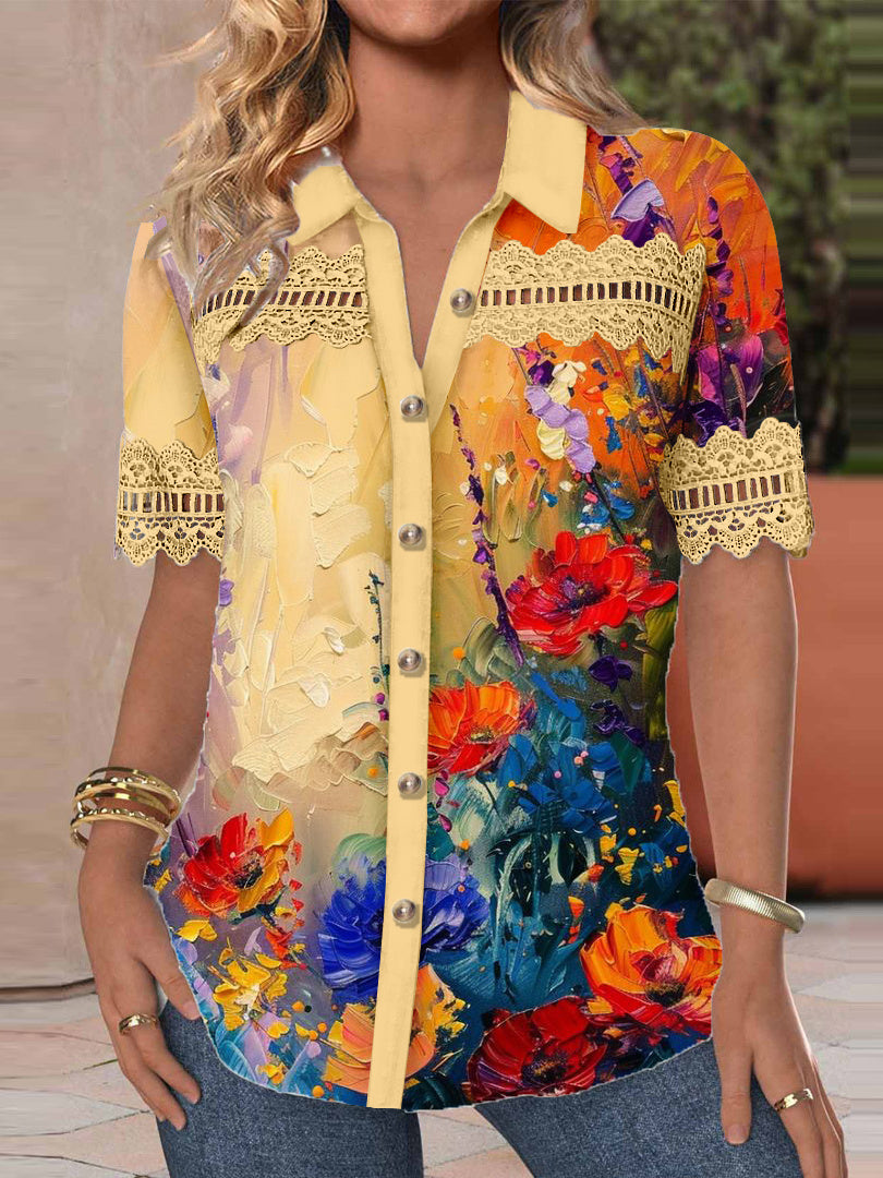 Women's Short Sleeve V-neck Lace Stitching Graphic Hollow Buttons Top